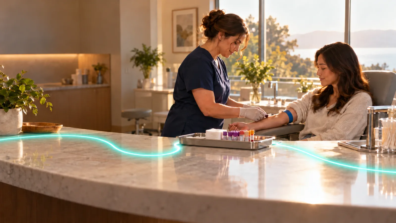 A woman having blood drawn at a partner lab, with the Nexis signal line across the counter