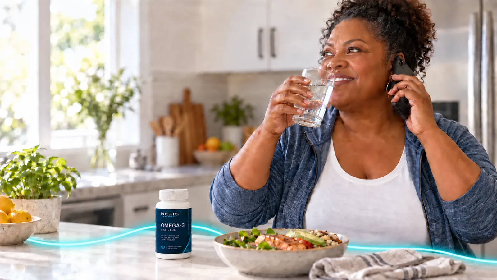 A woman at her kitchen counter with a glass of water and a Nexis Essentials bottle