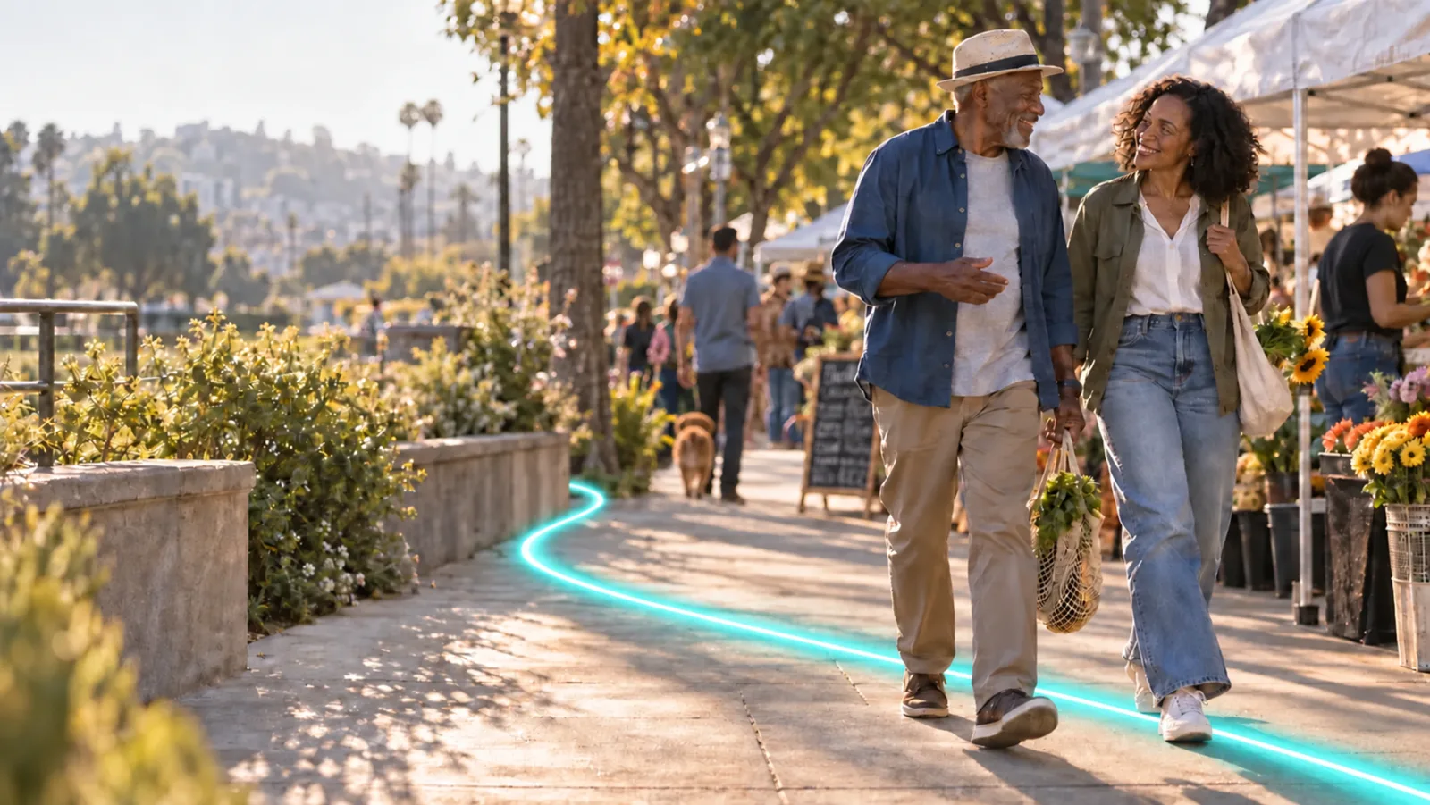 Two people walking through an outdoor market on a sunny morning