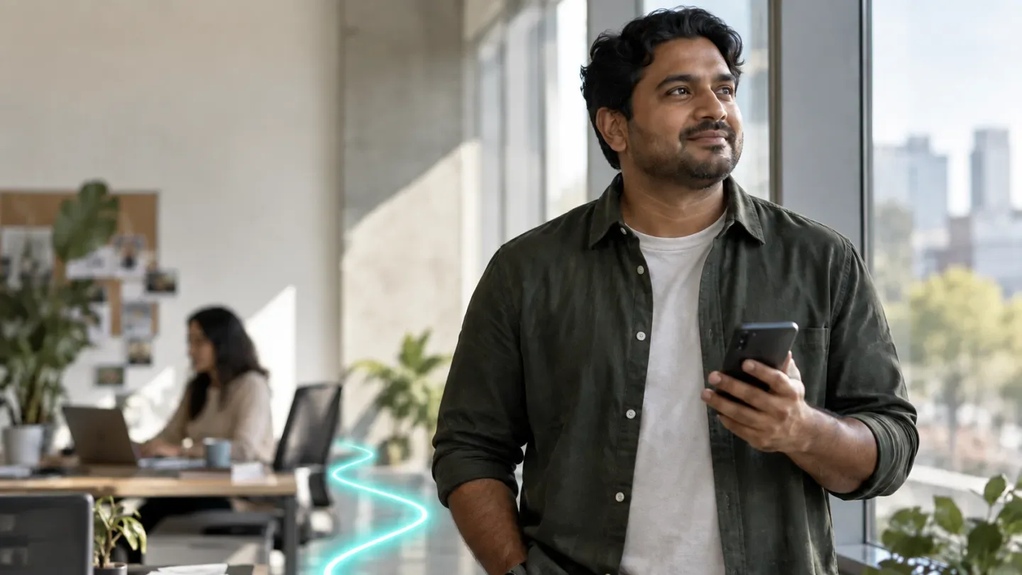 A man checking his health results on his phone at work